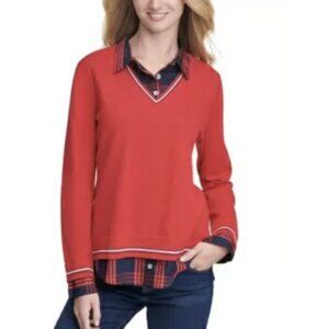 Tommy Hilfiger Women’s Red And Navy Plaid Layered Sweater Top
